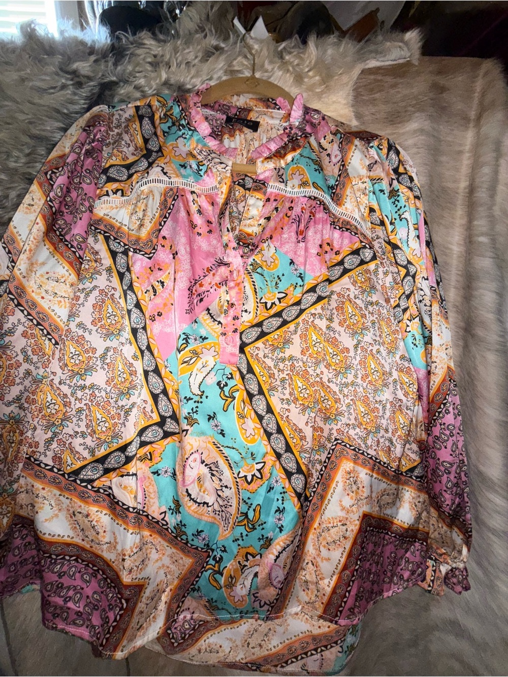 Fate Women’s Large Boho Paisley Patchwork Long Sleeve Blouse